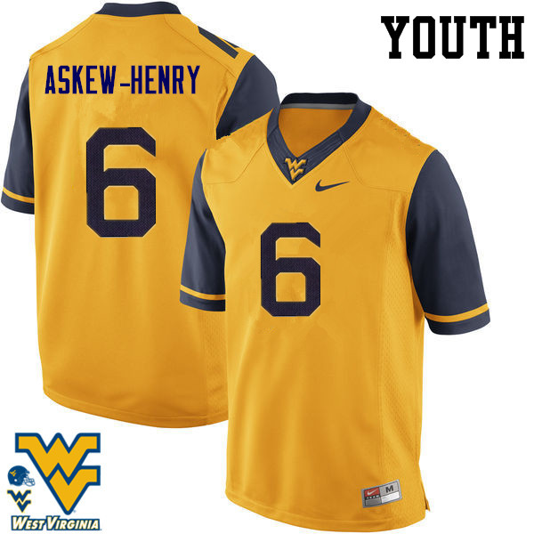 Youth #6 Dravon Askew-Henry West Virginia Mountaineers College Football Jerseys-Gold - Click Image to Close